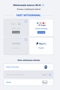 Screenshot showing withdrawal methods at FanDuel Casino